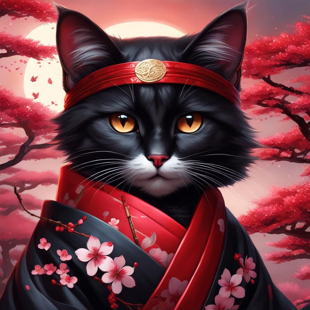 Cute Cat in Cherry Blossom Kimono Under Blood Moon