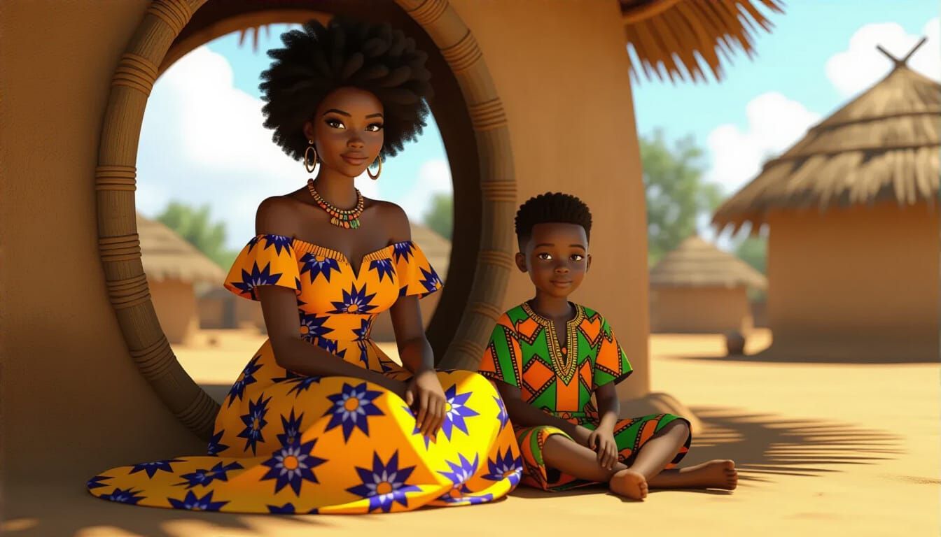 African Woman and Boy in Ankara Outfits in Village