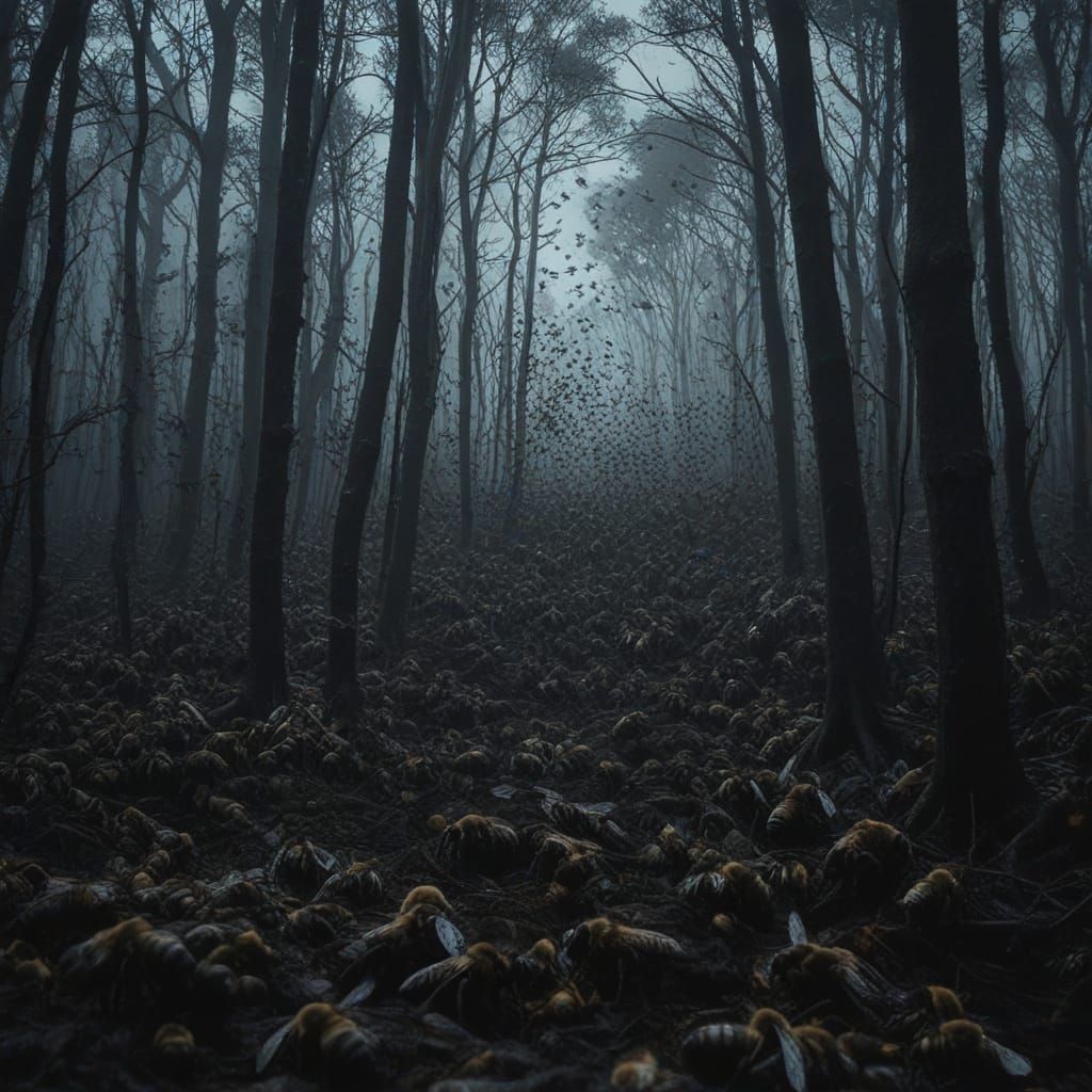 Surreal Dark Fantasy Scene of Bees Engulfing Men in a Dark F...