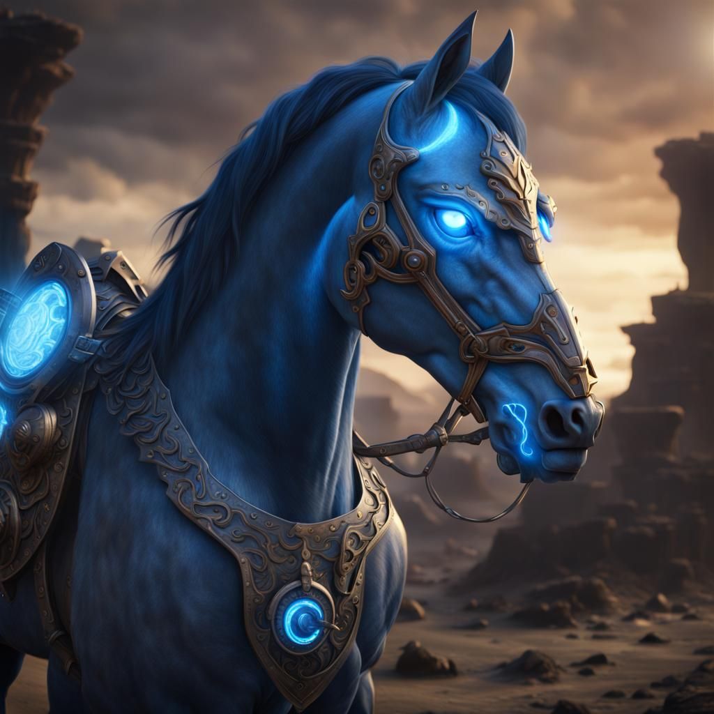 Majestic Blue Gem Armored Horse with Radiant Eyes