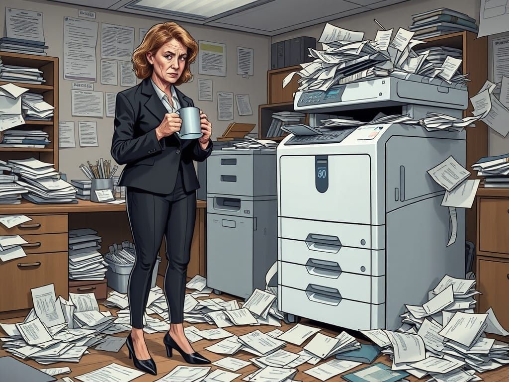 Frustrated Woman with Jammed Photocopy Machine