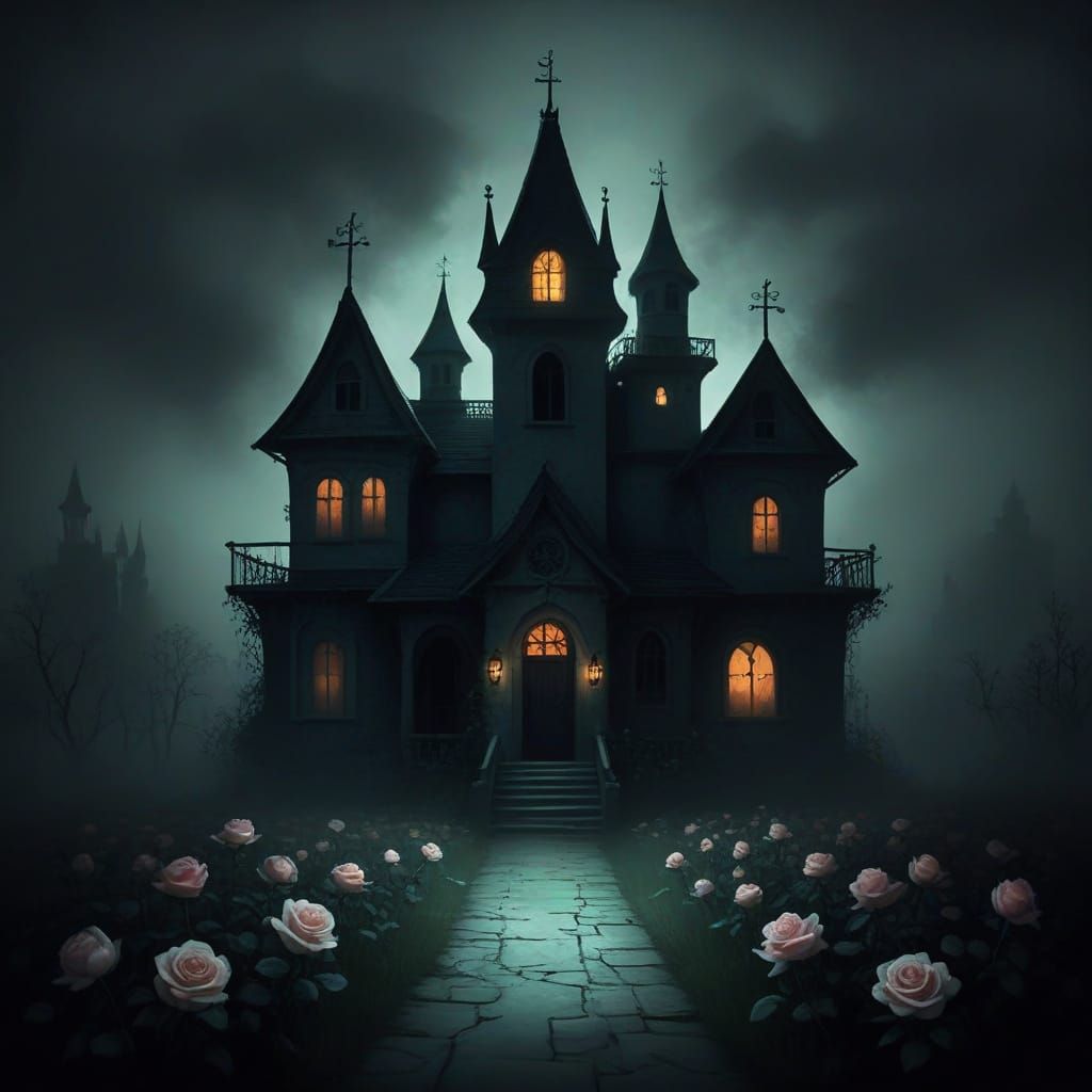 Ghostly Roses in Eerie Light, Storybook Illustration