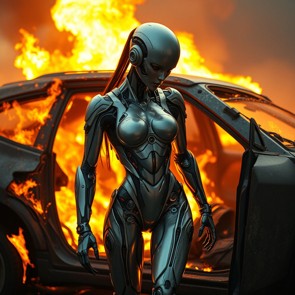 Android Emerges from Blazing Car Wreck in Gritty Sci-Fi Styl...