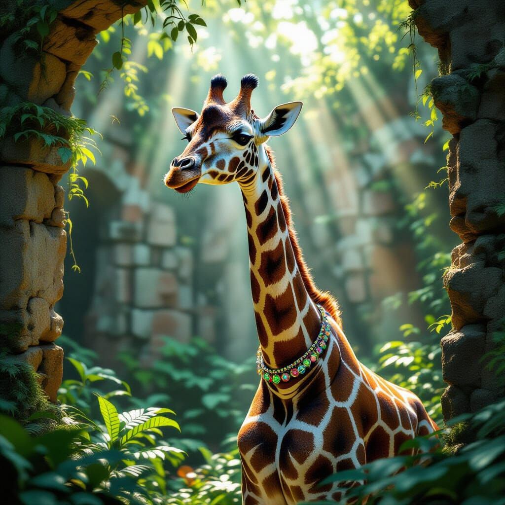 Holographic Giraffe in Ancient Ruin, Hyperrealistic Style