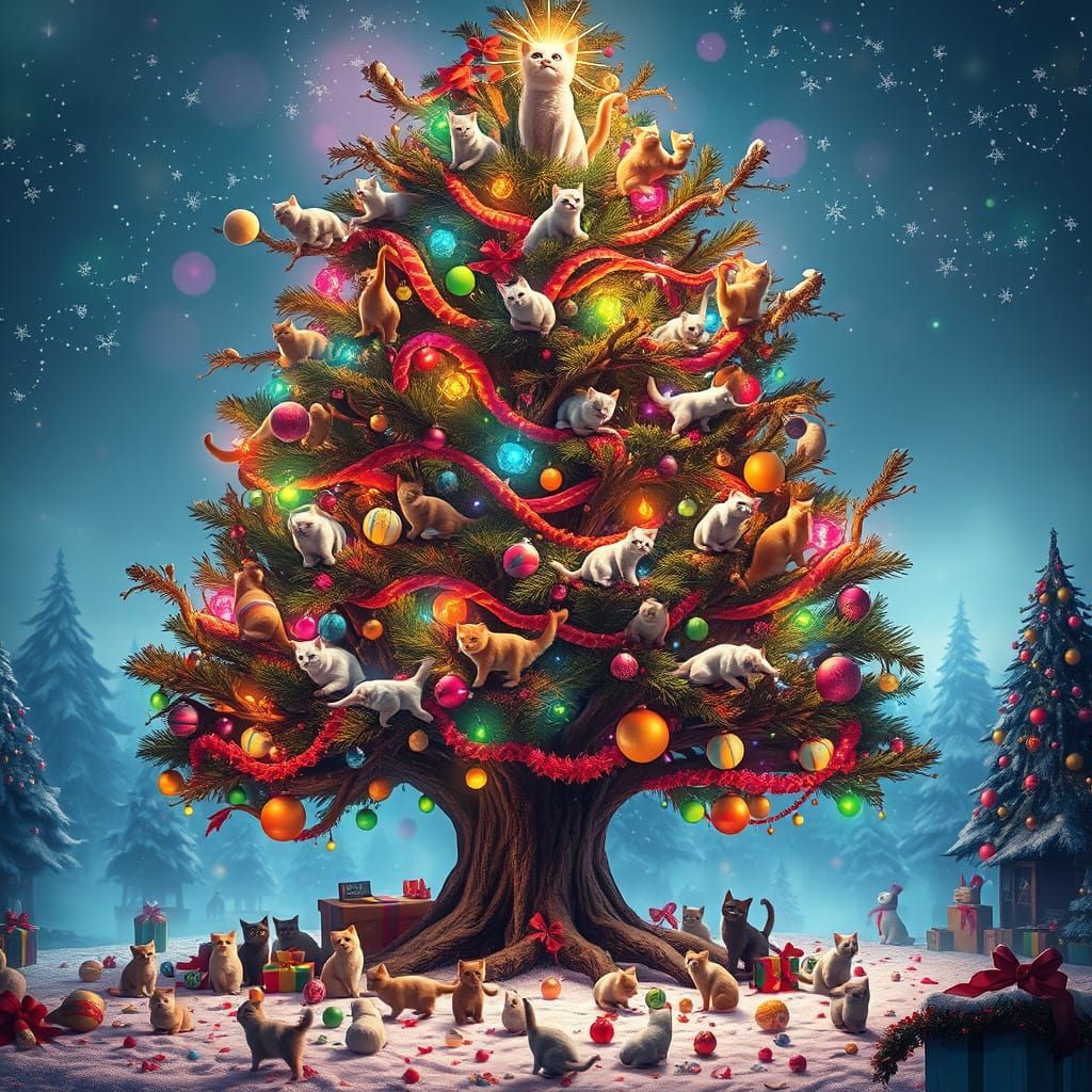 Whimsical Christmas Tree with Playful Cats in Fantasy Style