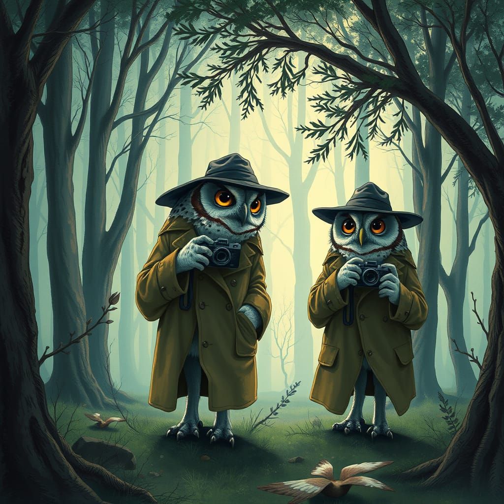 Owls Undercover in Cyberpunk Forest, Digital Art