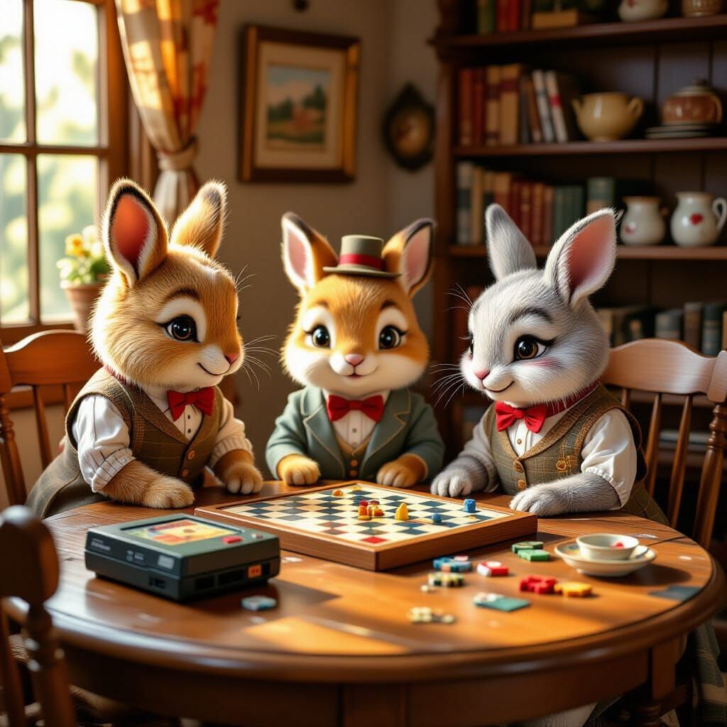 Anthropomorphic Animals Play Board Game in Cozy Storybook St...