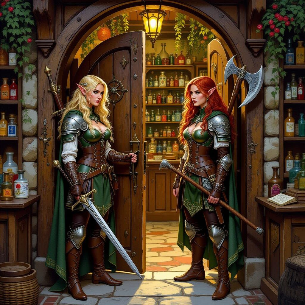 Fantasy Apothecary Shop Guarded by Elves in Oil Painting Sty...
