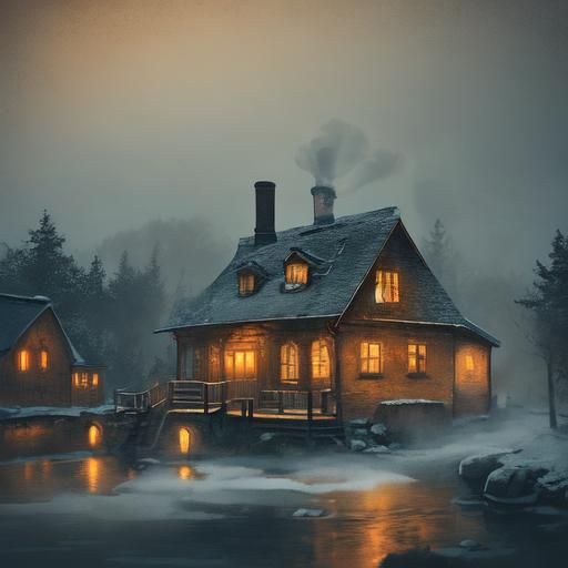 Steampunk Cottage by a Frozen River in Warm Golden Light