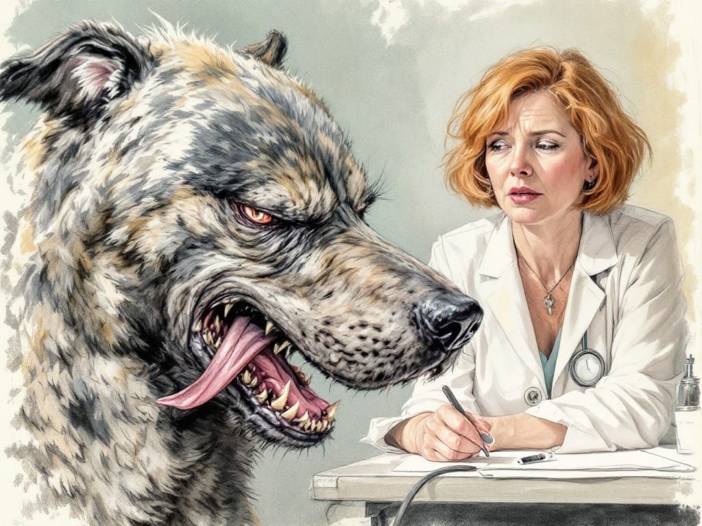 Woman in Fantasy World Coaxing Reluctant Wolf Hound to Vet