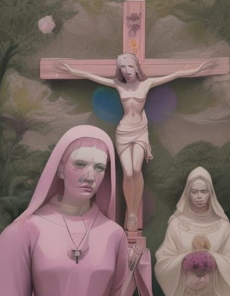 Pink Nuns by Pink Crucifix: Surreal Scene