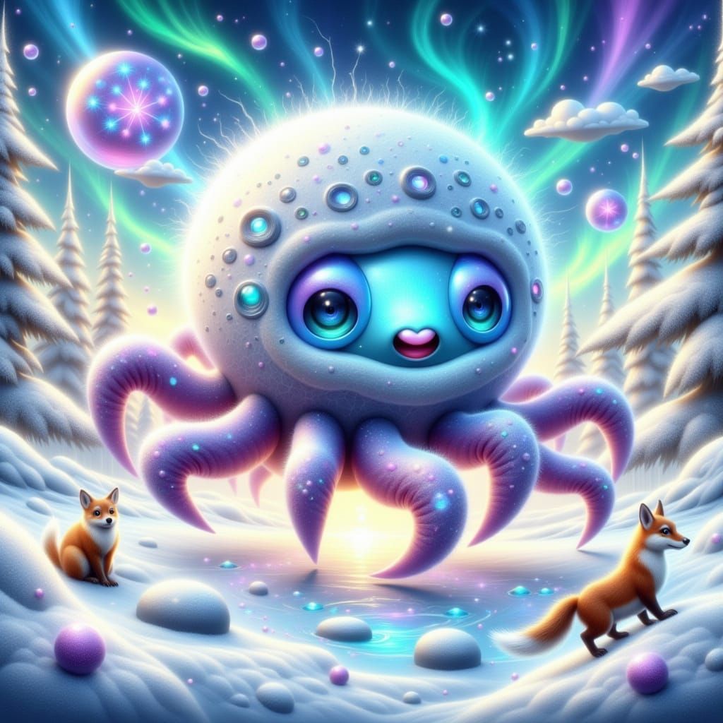 Whimsical Arctic Wonderland with Spider-Octopi and Arctic Wi...