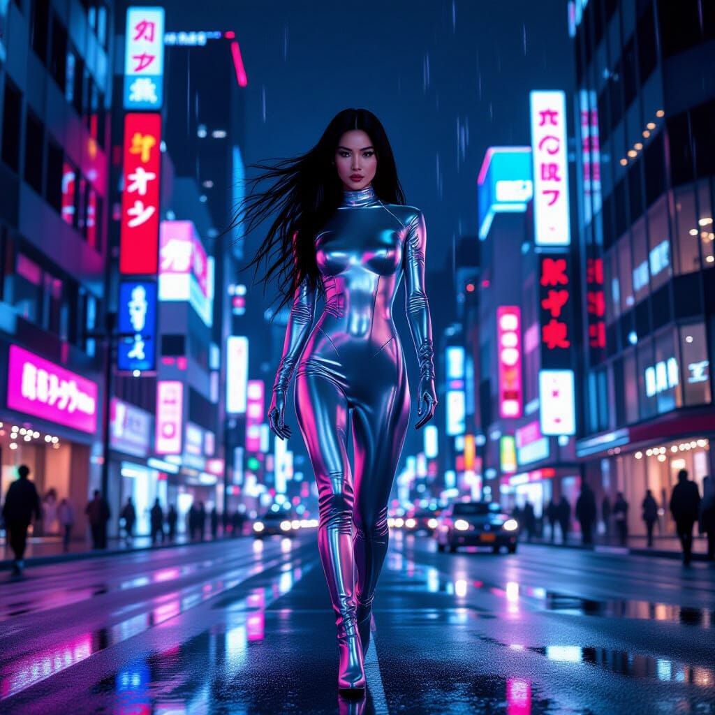 Futuristic Woman in Neon Tokyo Street, Photorealistic Style