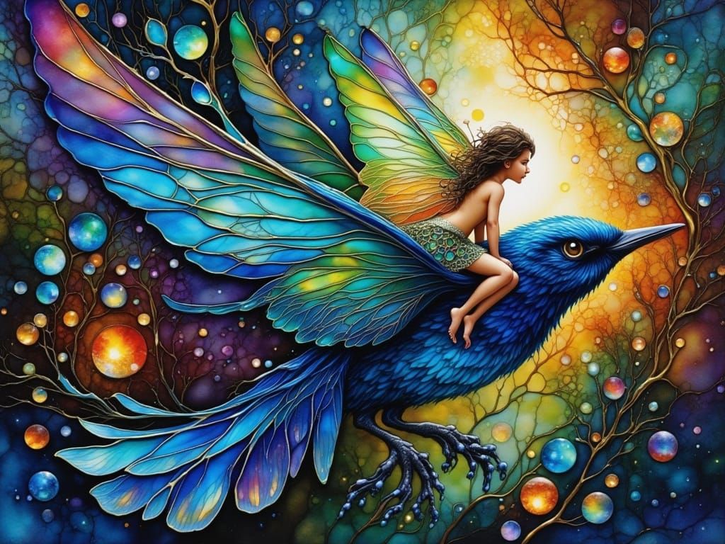 Whimsical Fairy in Flight over Abstract Sky