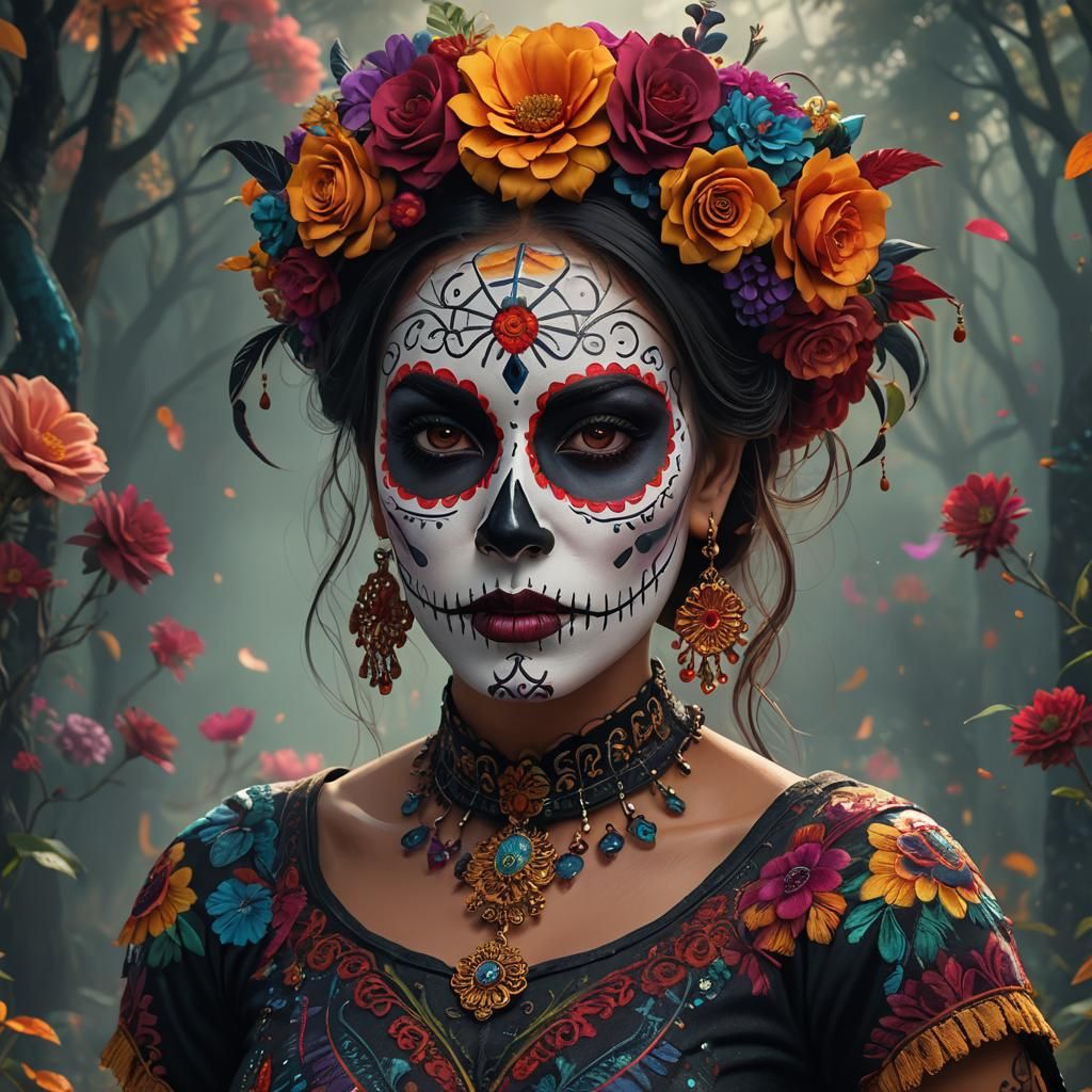 Woman in Vibrant Día de los Muertos Face Paint