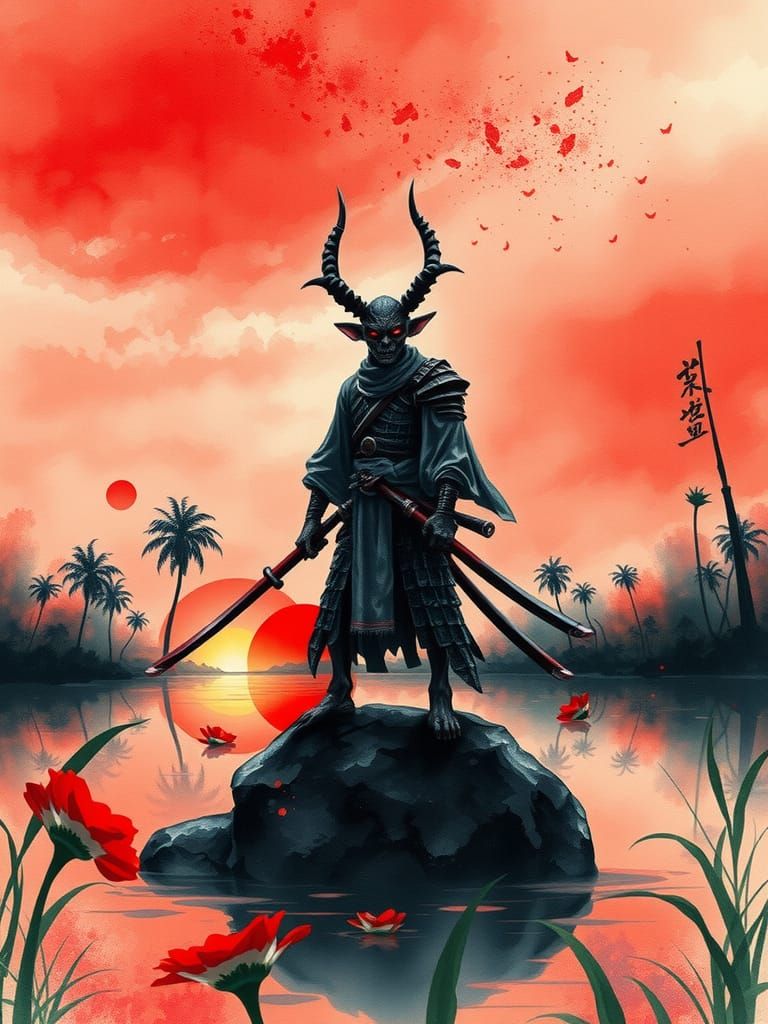 Ethereal Demonic Goblin Samurai in a Swamp Sunrise