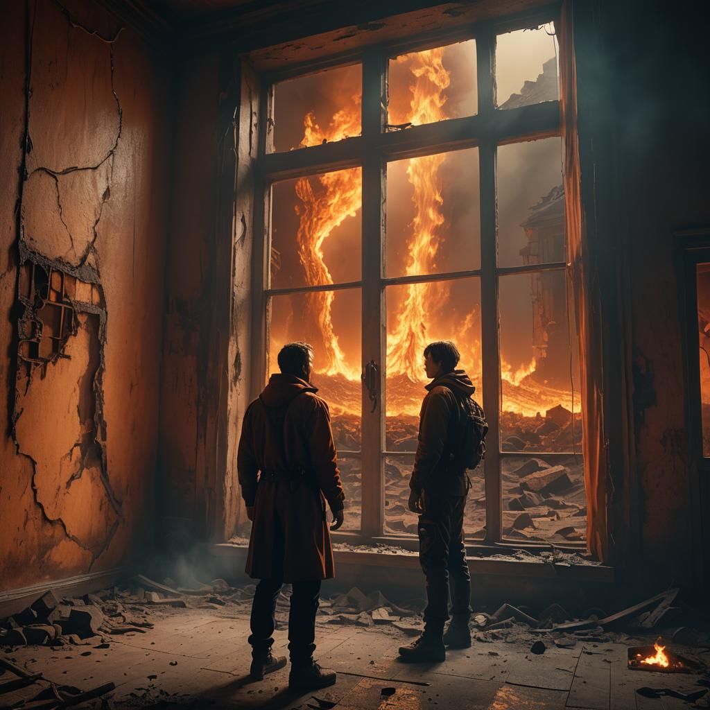 Calm Figure Beside Hellish Flames in Dystopian Room