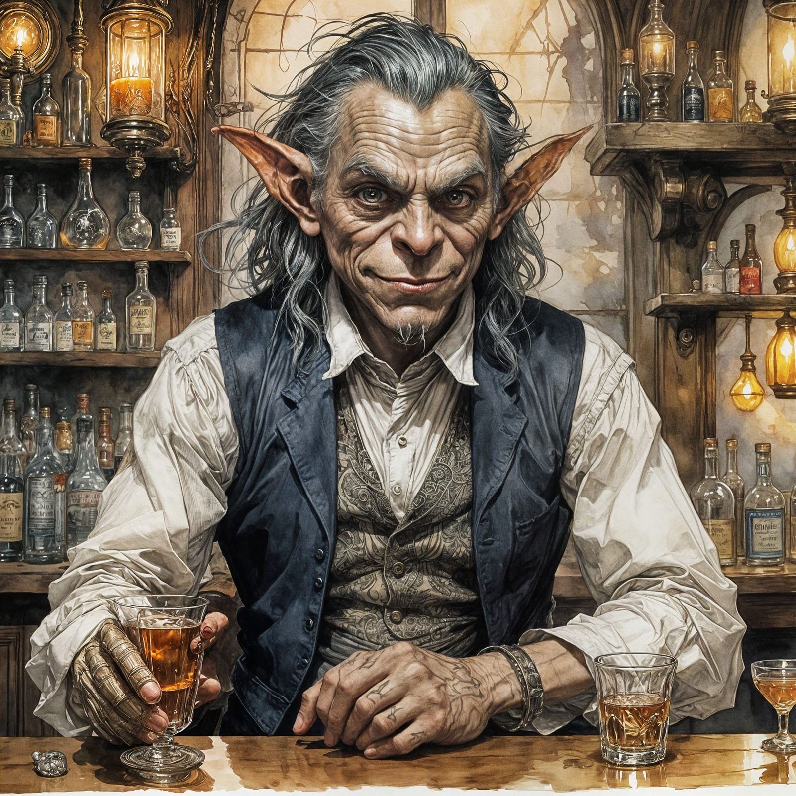 Goblin Bartender Serves Hospitality in Enchanted Tavern