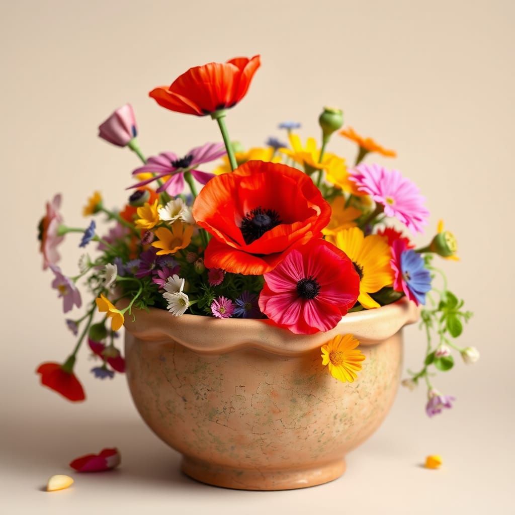 Earthenware Flower Pot with Vibrant Blooms and Red Poppy