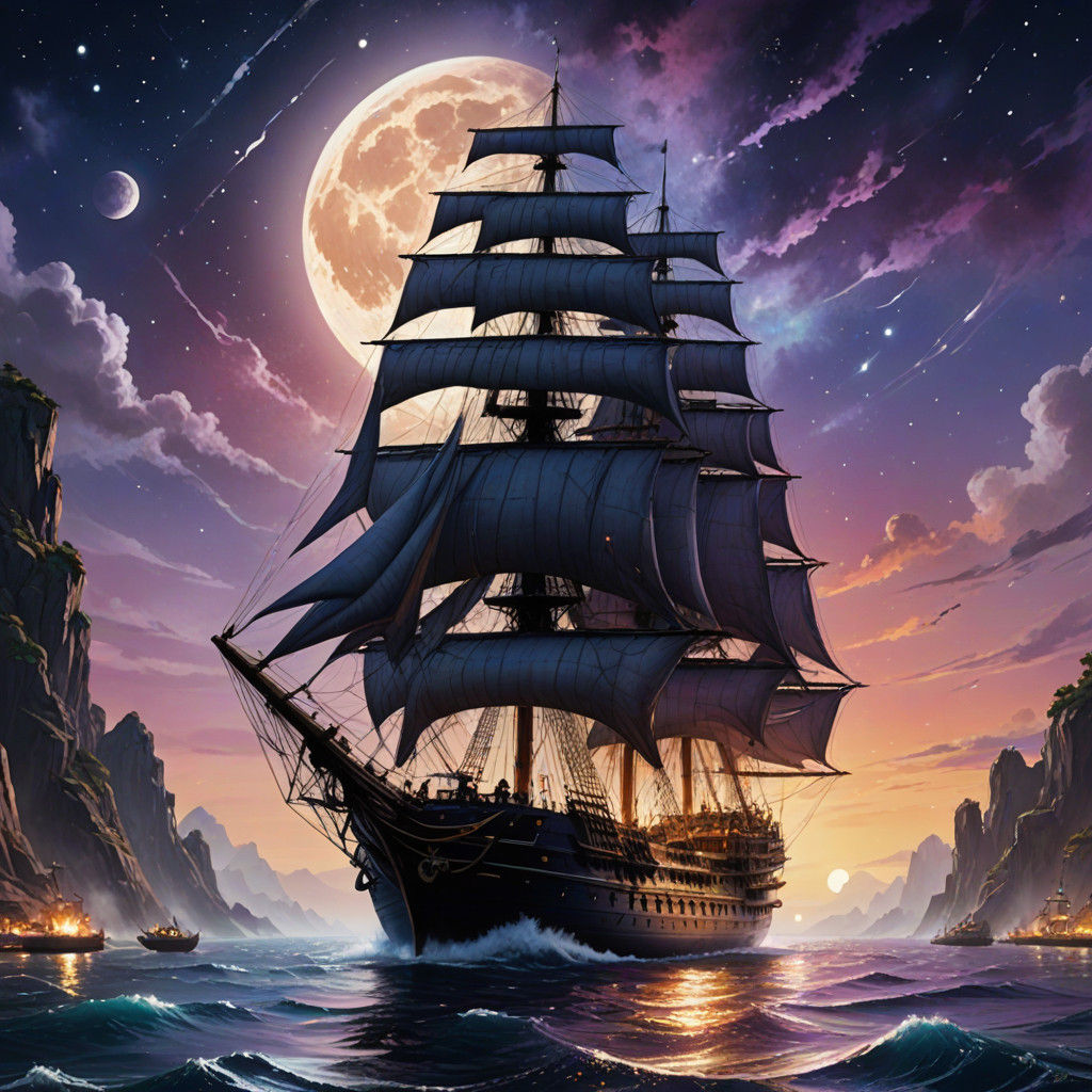 Surreal Sailship on a Mirrored Ocean under a Celestial Scene