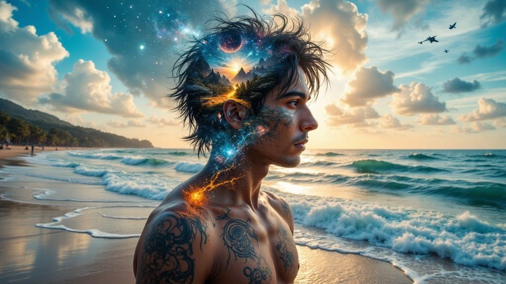 Wizard on Beach Bar with Sci-Fi Kingdom in Head