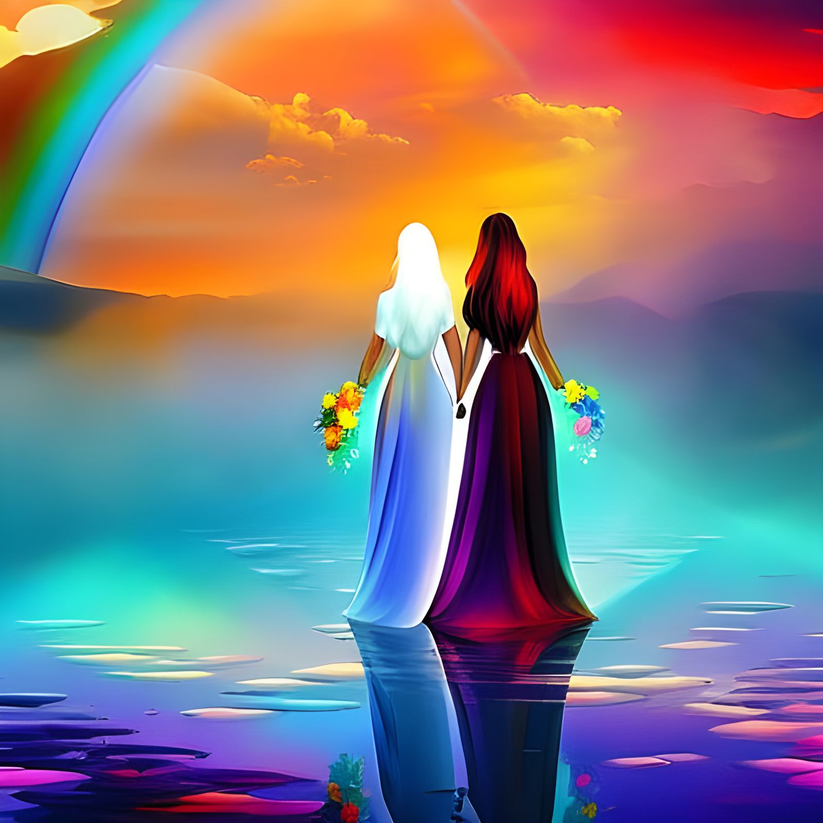 Two Women Embracing Magic on a Surreal Rainbow Bridge