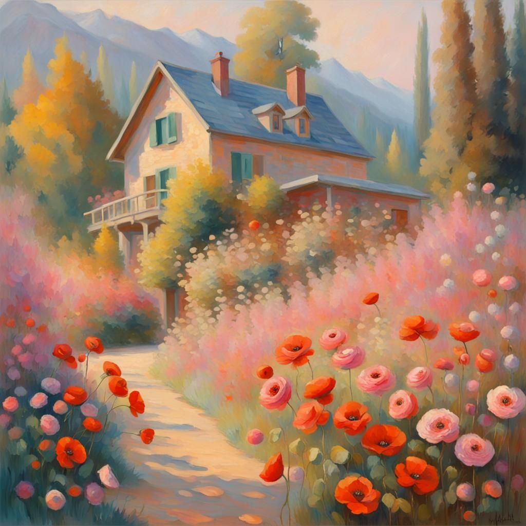 In a bright and warm pastel color palette in the style of Monet a garden of poppies and roses in front of a chalet