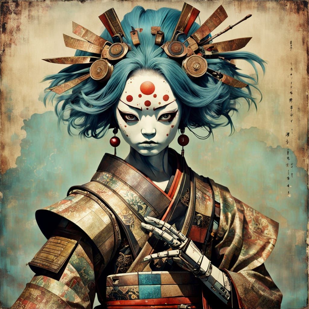 Brooke Shaden, gege akutami. Portrait. kabuki, craquelure, robot, patina, decoupage, Afrofuturism, mixed media collage, ...