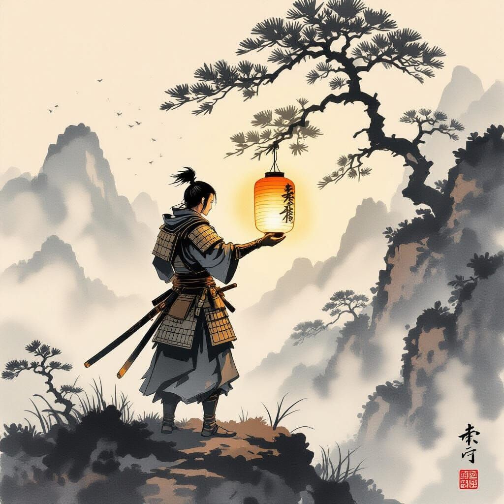Samurai Warrior with Glowing Lantern on Misty Mountain Peak ...
