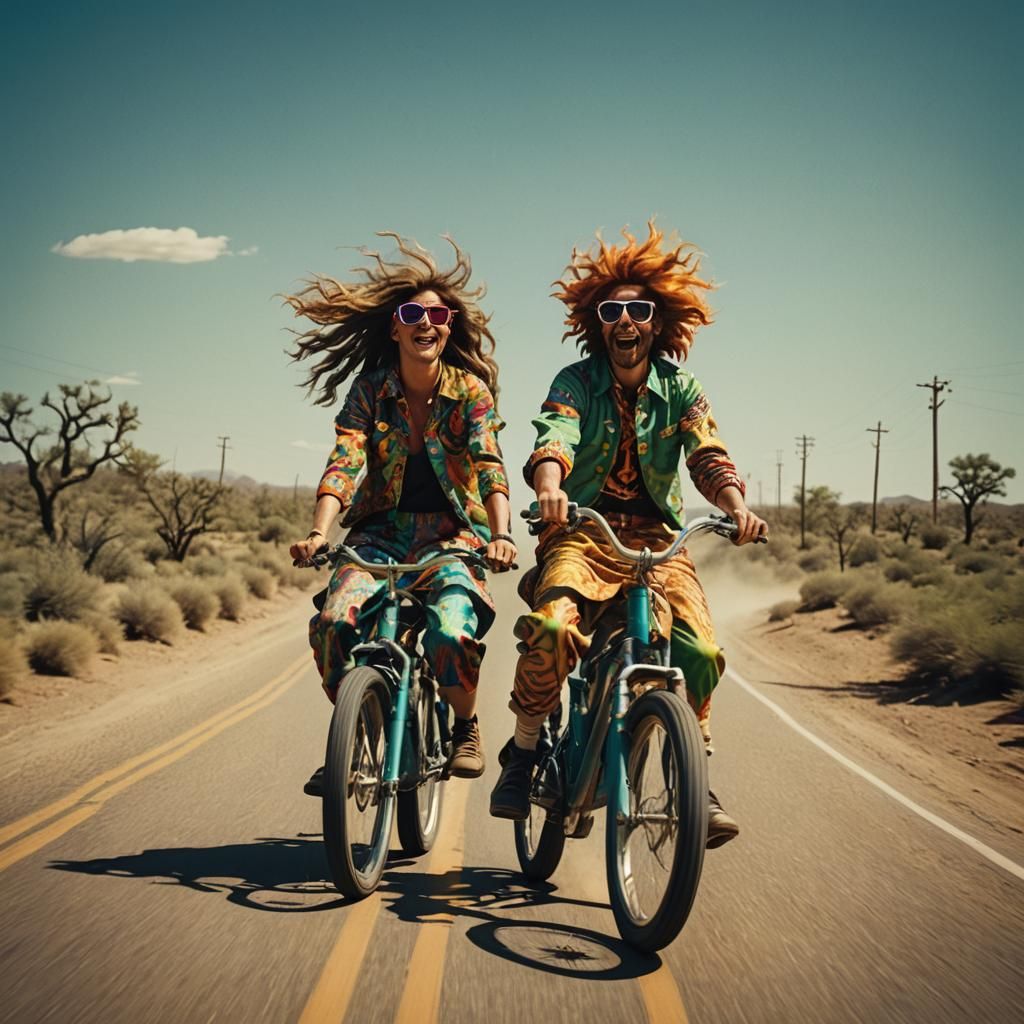 Psychedelic Couple Cruising Down a Dusty Road in a Cinematic...