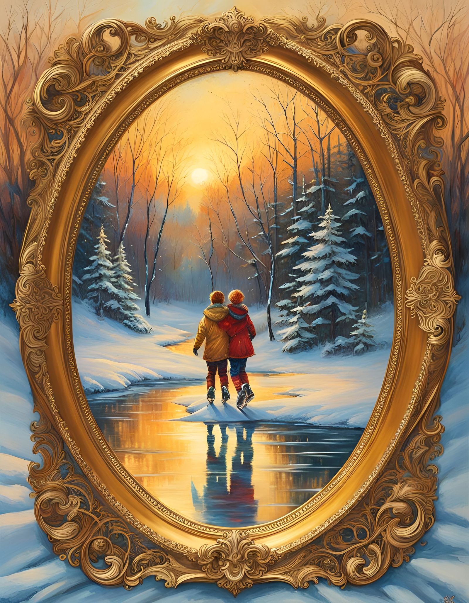 Winter Wonderland Scene in Golden Hour Oil Painting Style