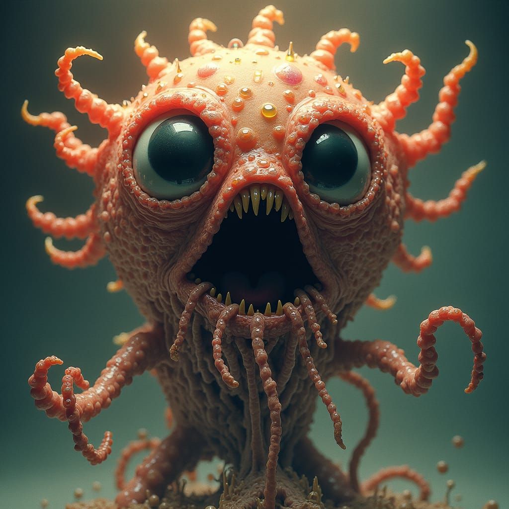 Grotesque, Otherworldly Creature Amidst Glowing Orbs