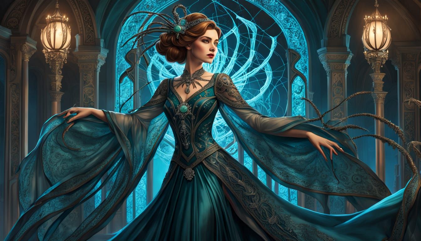 Elegant Woman With Jeweled Tarantula in Digital Painting