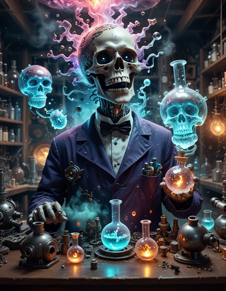 Ethereal Alchemy Lab Scene in a Cyberpunk Aesthetic