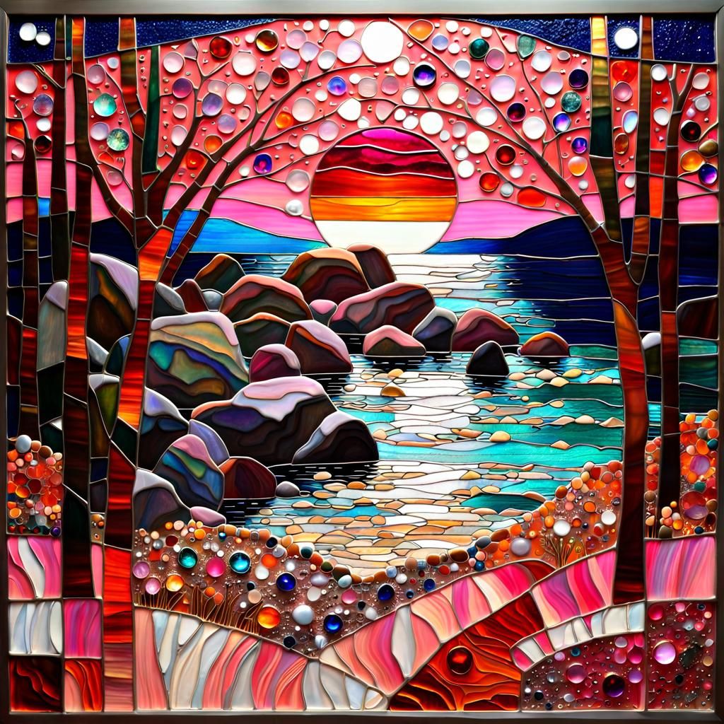 Hyperrealistic Sunset Beach Mosaic with Gemstone Cliffs and...