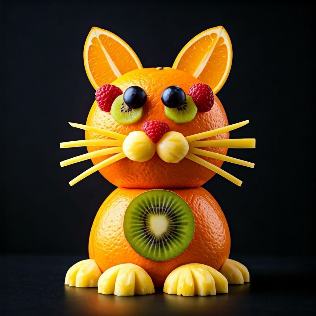 Vibrant Fruit Cat Sculpture in Whimsical Art
