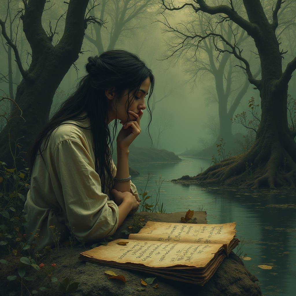 Contemplative Woman in Murky Swamp Digital Art