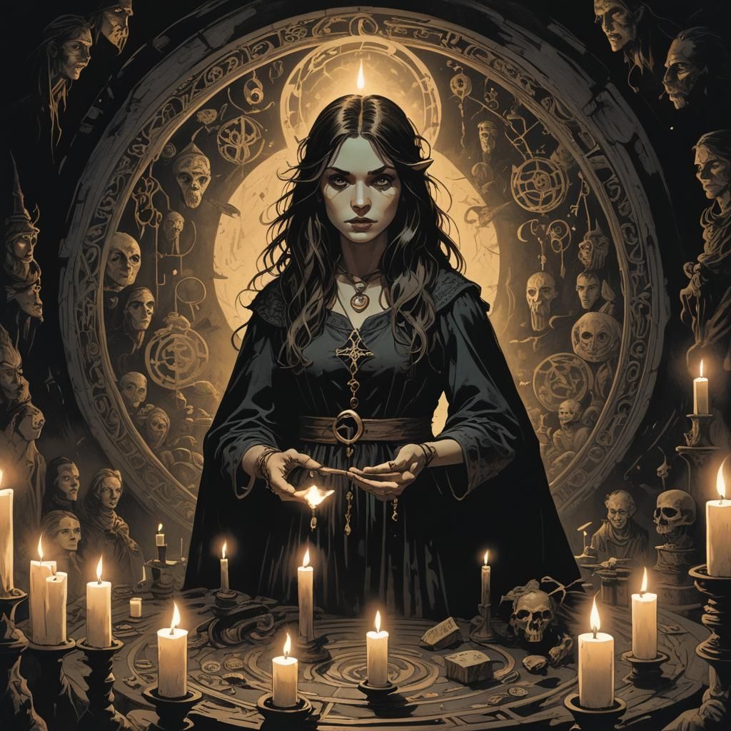 Young Witch Empowered by Mystical Circle Illuminated by Gold...