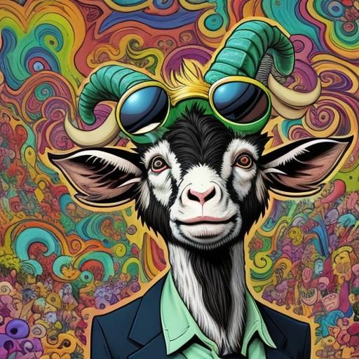 Vibrant Cartoon Goat in Trippy Comic Art