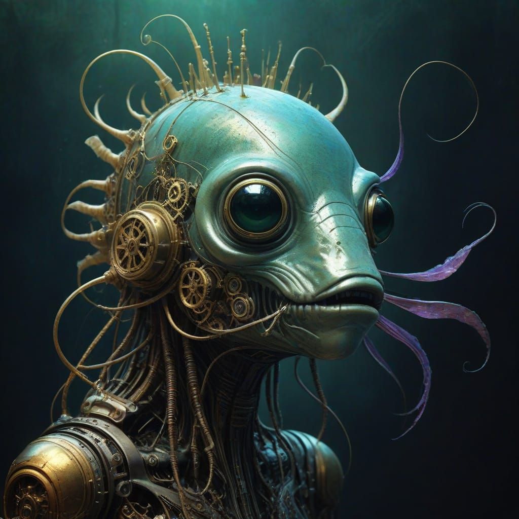 Bioluminescent Fish Adorned with Clockwork Gears