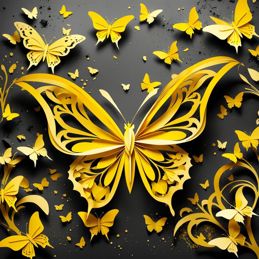 Gothic Kirigami Butterfly on Vibrant Yellow Papercraft Garde...