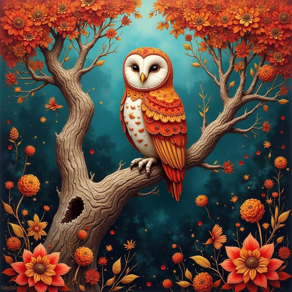 Owl in Abstract Enchanted Garden: Whimsical Art