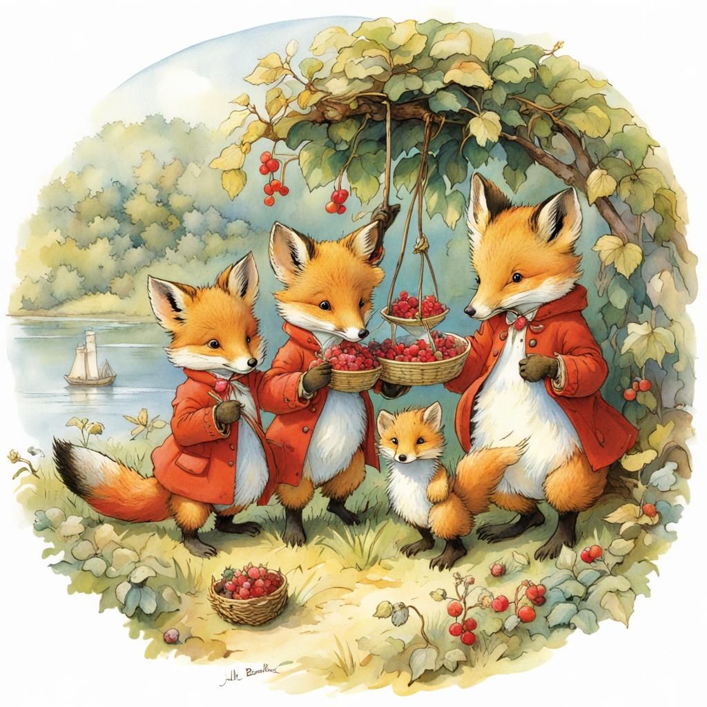 Foxes Gather Berries on Lake Shore in Whimsical Illustration...