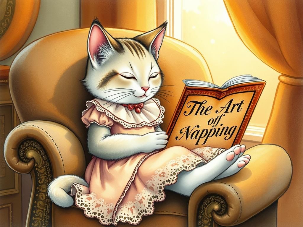 Feline Lady Reading 'The Art of Napping' in Whimsical Waterc...