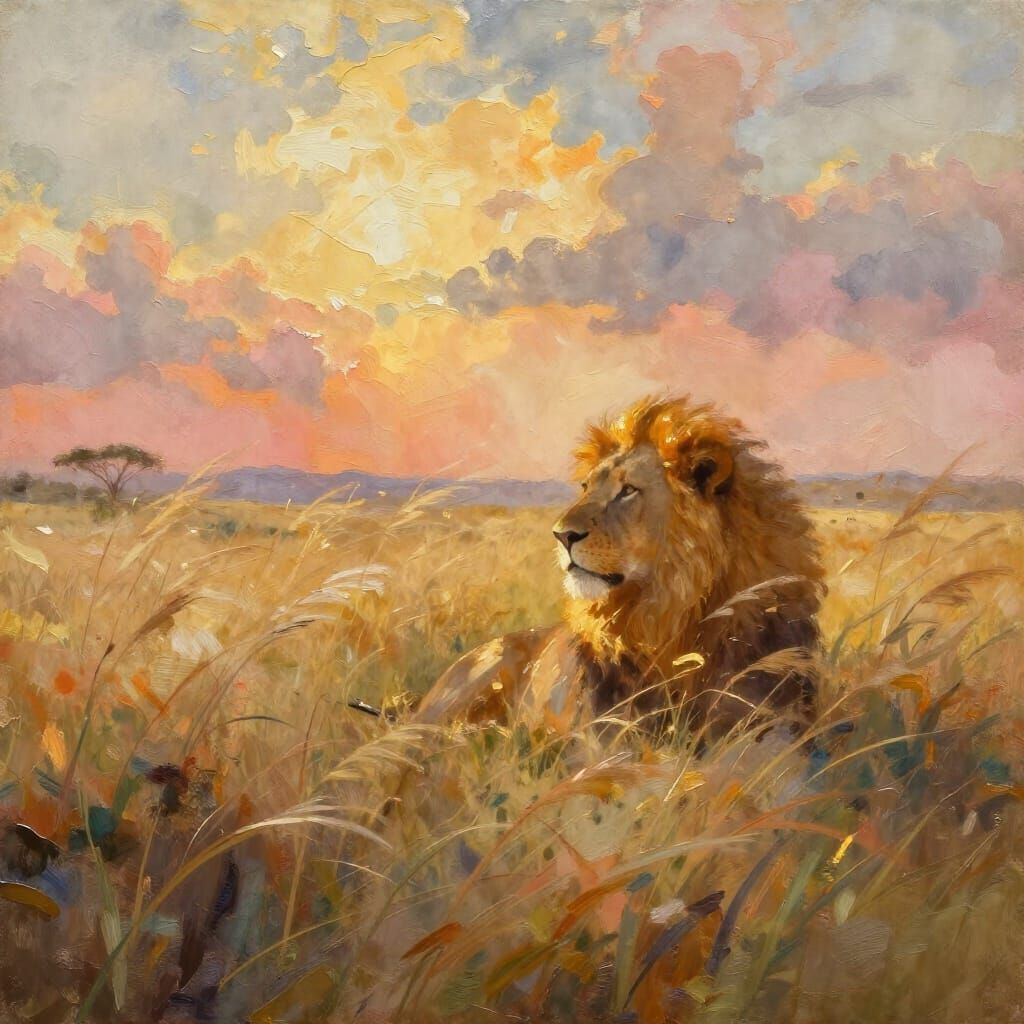 Painterly Savanna Scene with Lion in Golden Sunlight