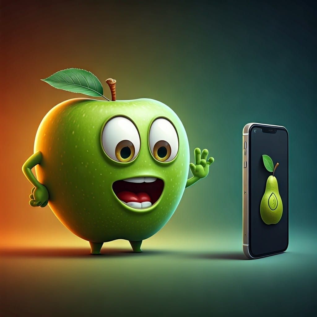 Vibrant Apple Surprised by Pear iPhone in Hyperrealistic Spl...