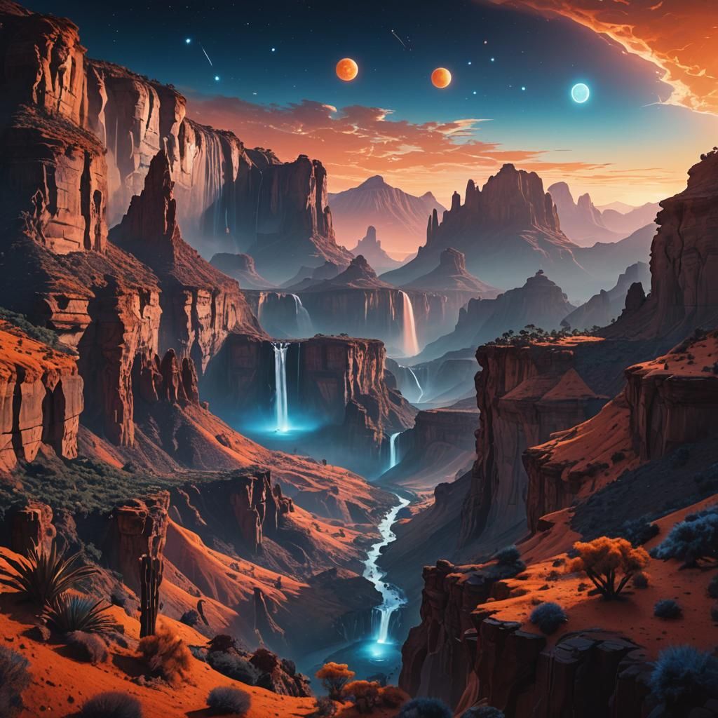 Cosmic Twin Suns Set Over Majestic Alien Landscape