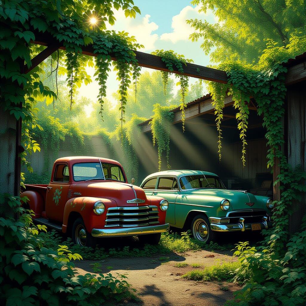 Abandoned Cars Overgrown with Vines in Junkyard