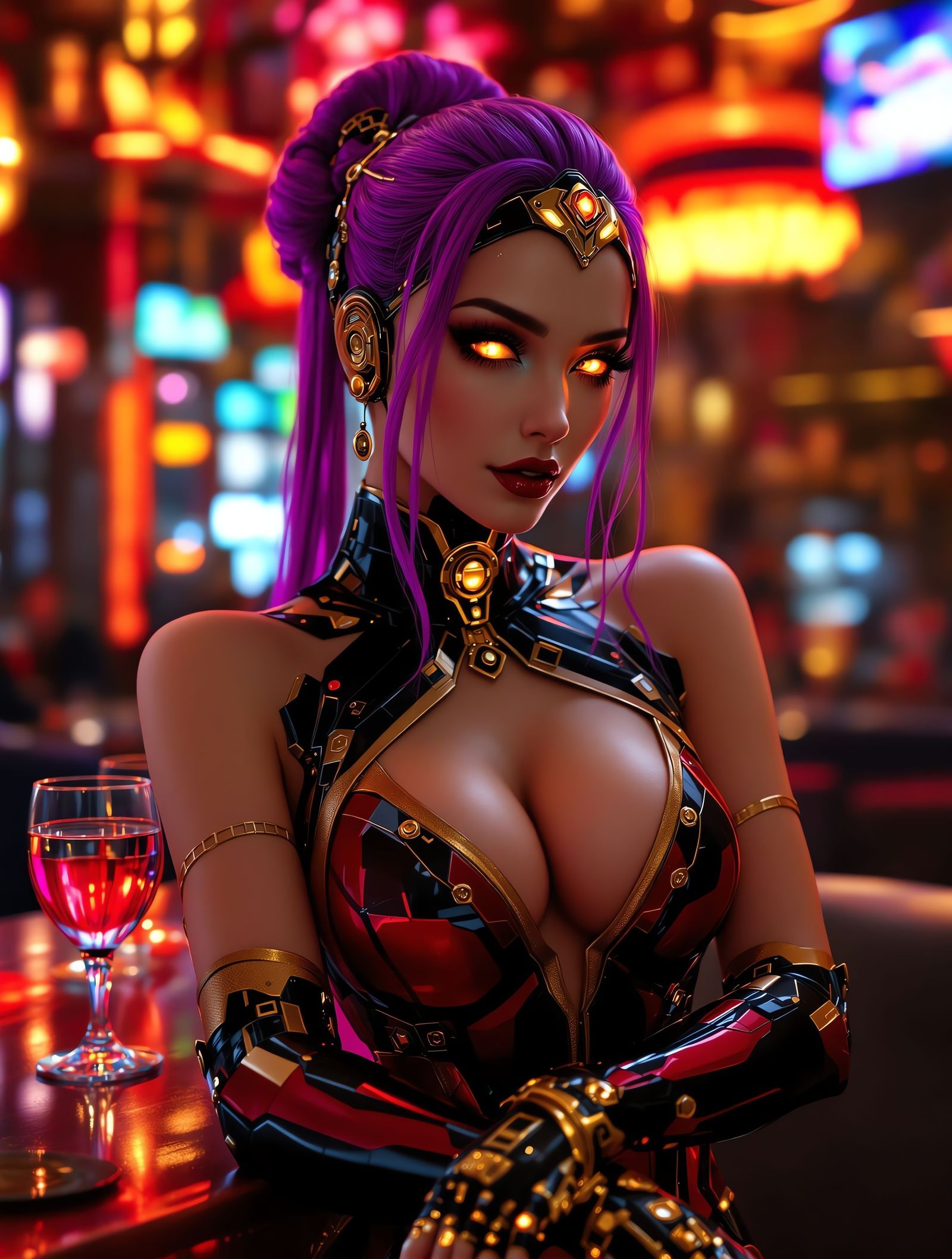 Cyborg Hostess with Gold Cybernetics in Cyberpunk Style