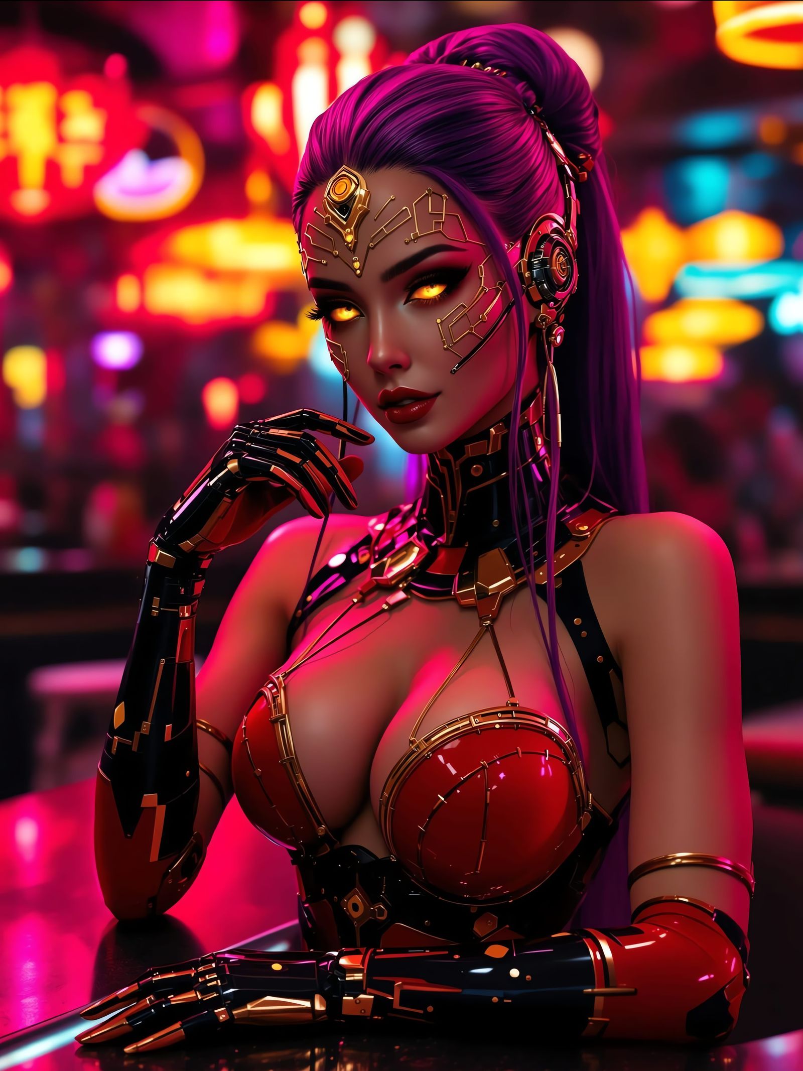 Cyborg Hostess with Gold Cybernetics in Cyberpunk Style